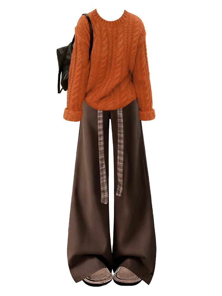 Retro Koreanische Sle Weiche Gestrickte Pullover Hohe Taille Plaid Gürtel Jeans frauen Faion Set Winter Neue Faul Sle Lange Sve r...