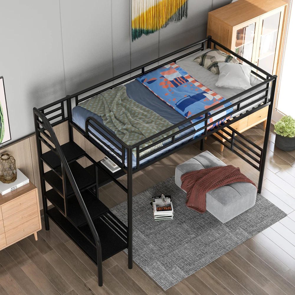 Children Beds Metal Loft Bed Frame Desk, No Box Spring Needed,Twin,Black Toddler Bed Children's Bed Bunk Beds for Kids Children