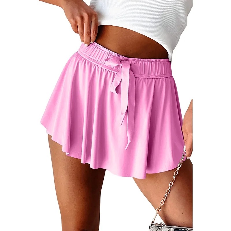2025 Summer Solid Pleated Slim Casual Culottes Women Elastic High Waist Drawstring Patchwork Fashion Versatile Streetwear Skirt