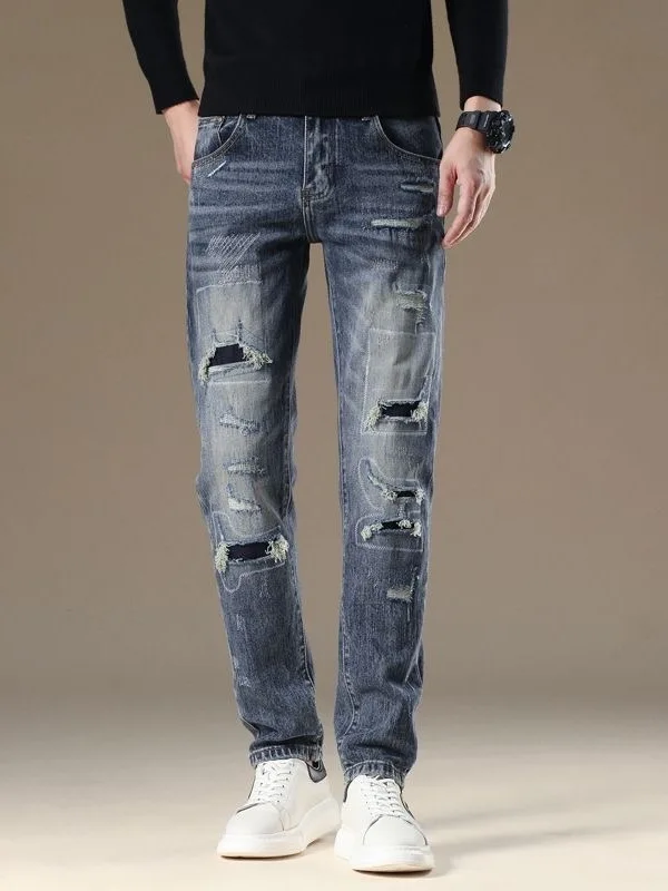 

High-End Men's Denim Jeans Patched Hole Slim Fit Elastic Trendy Long Pants Autumn New Sle Versatile Casual Youth Faion