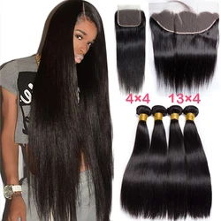 30inch Long Straight Human Hair Bundles With Closure Peruvian Human Hair Bundle With Frontal 13x4 Ear to Ear Lace Front Closure