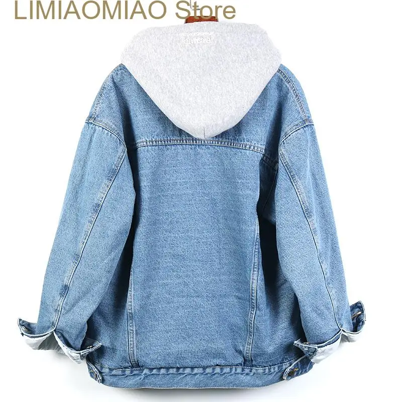 New Winter Warm Plush Denim Coat With Detachable Hooded Loose Casual Long Sleeve Jeans Jacket Female Casual Streetwear