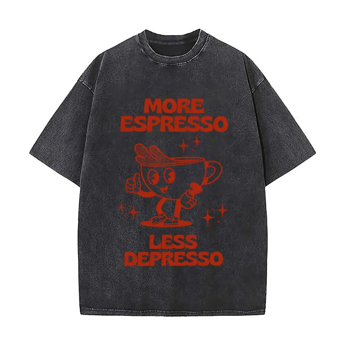 Less Depresso More Espresso Coffee Character Graphic Vintage Distressed Loose Streetwear Tops