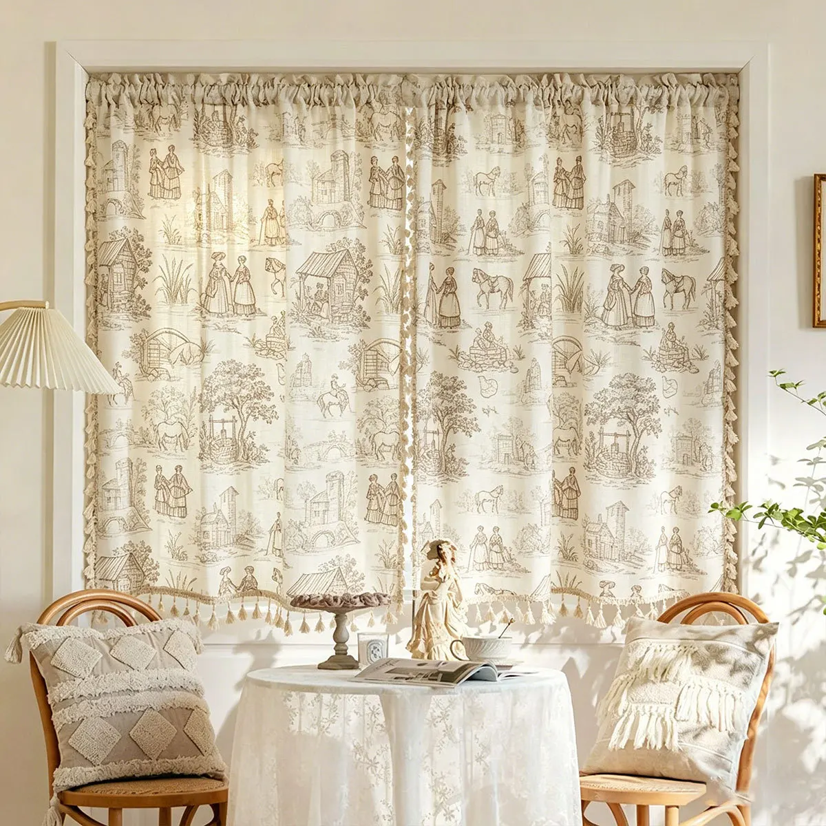 1pc Farmhouse Vintage Short Curtain, Bohemian Fringe Coffee Curtain, Cross-Border European Middle Eastern Curtains, Finished Pro