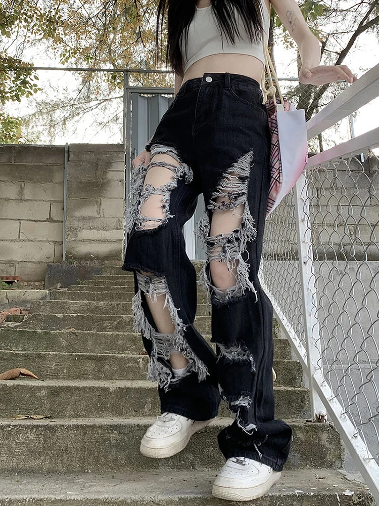 Zoki Hip Hop Hole Jeans Women Y2K Streetwear Harajuku Hollow Out Denim Pant American Retro High Waist Female Straight Trousers