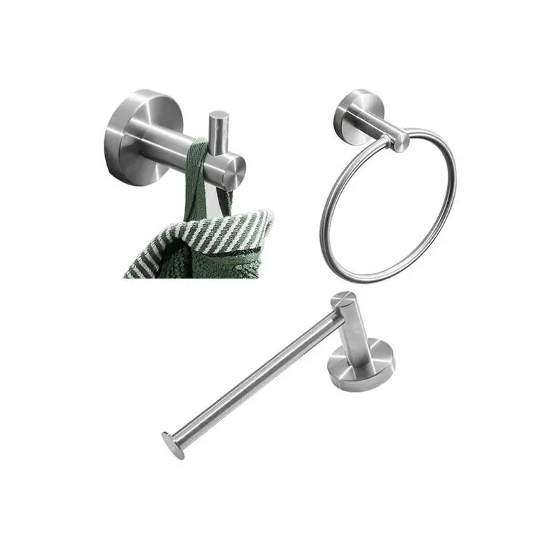 

304 Stainless Steel Brushed Silver Polished Bathroom Accessory Set - Robe Hooks, Towel Ring, Bar, Toilet Paper Holder, Tissue