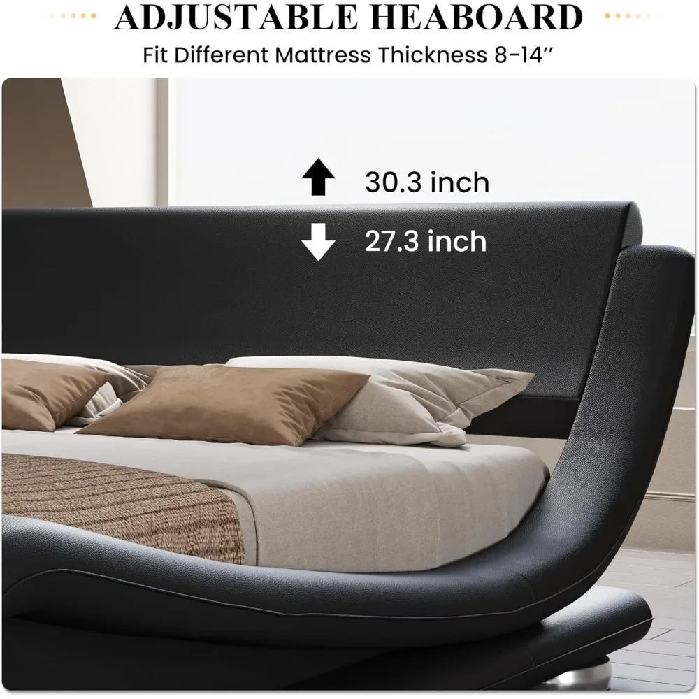 هيكل سرير، سرير مزلق منخفض المستوى مع لوح رأسي مريح من الجلد الصناعي، لا حاجة إلى صندوق زنبركي سهل التجميع،