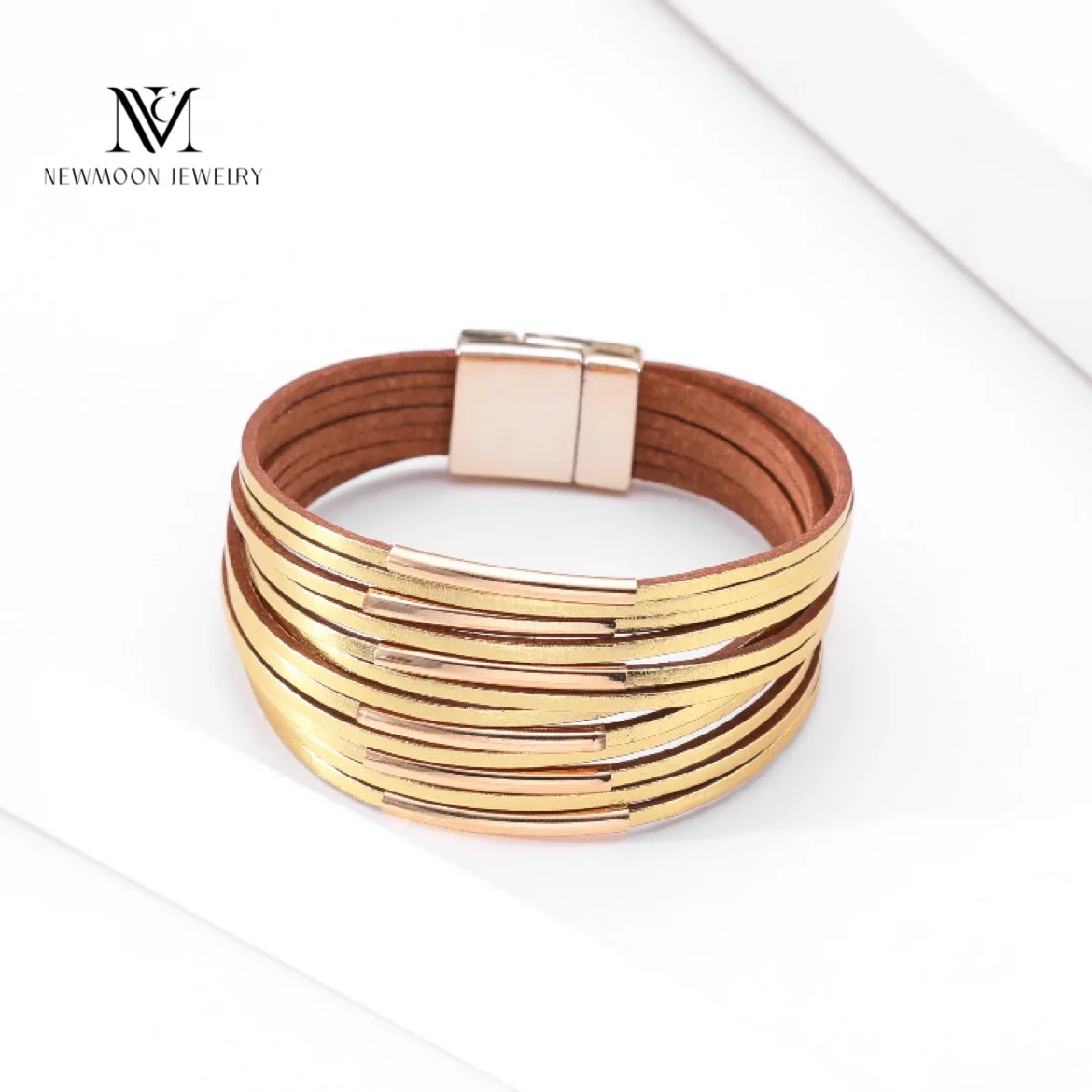 NewMoon Jewelry Trendy Fashion Bracelet  Bracelet Cross Layer Thin Strip Wide Edge Magnetic Buckle Leather Bracele  Charm