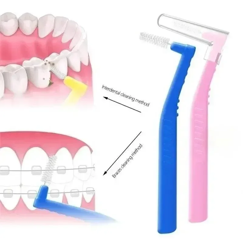 Escova interdental em forma de l, 5 peças para ortodôntica dentária limpa entre ferramentas de limpeza dos dentes mini escova macia com capa contra poeira