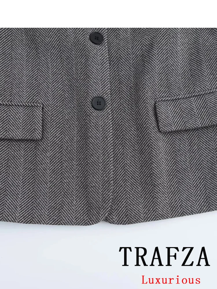 TRAFZA Vintage Office Lady Gray Suit Single Breasted Hooded Blazer Straight Pants New Fashion 2024 Autumn Winter Thick Sets