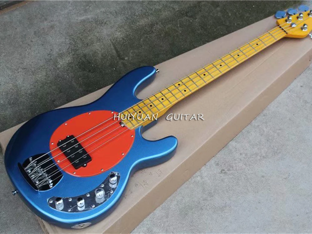 4 Strings Metal Blue Active Electric Bass Guitar with Yellow Maple Fretboard,Orange Pickguard