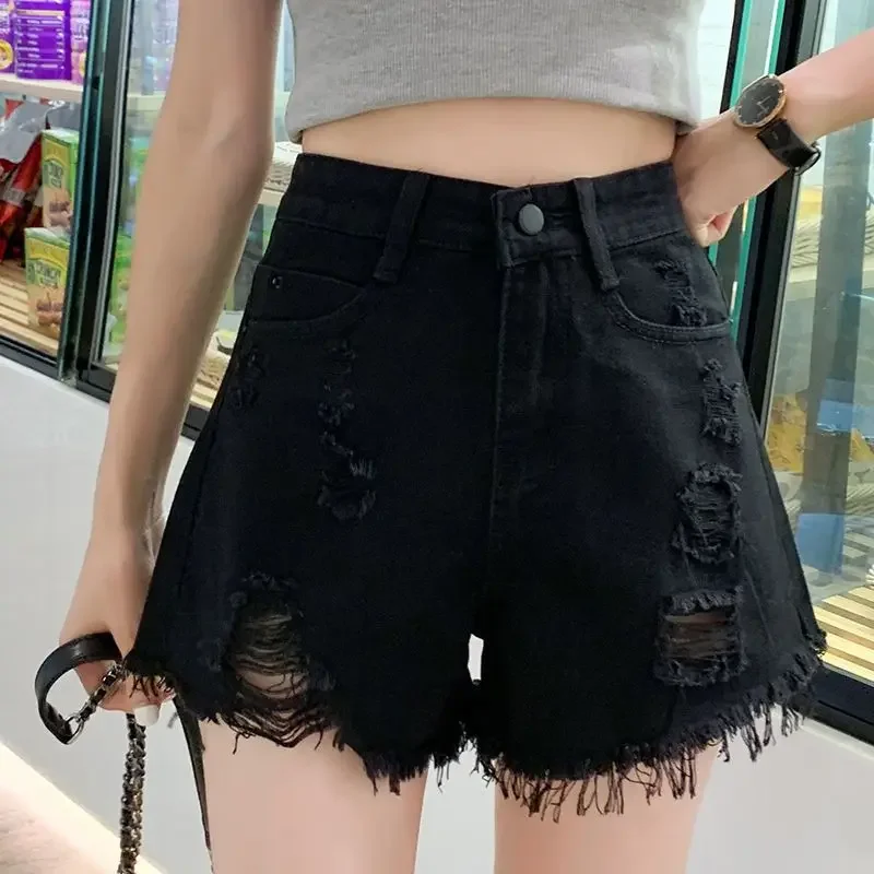 ショート丈ジーンズパンツ レディース ダメージ加工 ハイウエスト デニムショートパンツ ワイド ブラック ファッション ウェア 2024 クラシック 韓国スタイル 新作