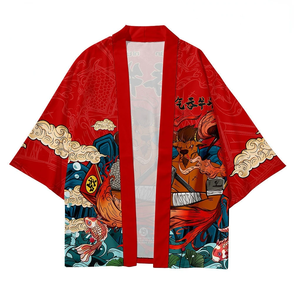 Kimono de Dessin Animé Japonais pour Homme et Femme, Cardigan Cosplay, Robe de Samouraï Rouge, Vêtements d'Été, Tenue de Plage Vintage Haori