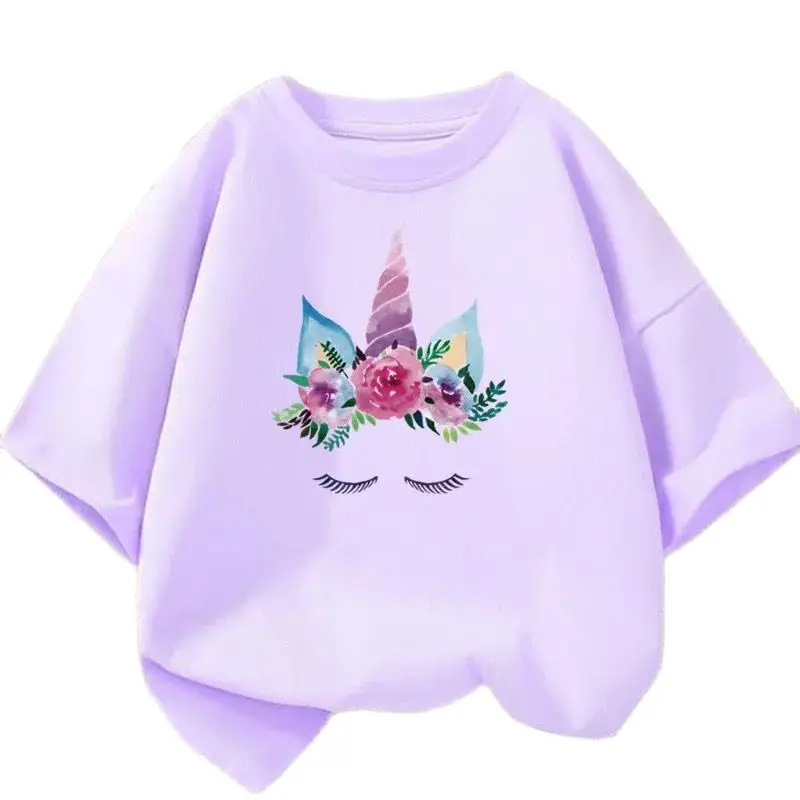

Lovely Unicorn With Flowers Printed Tshirt Summer Top Girls Candy Color Short Sleeve Casual T-Shirt