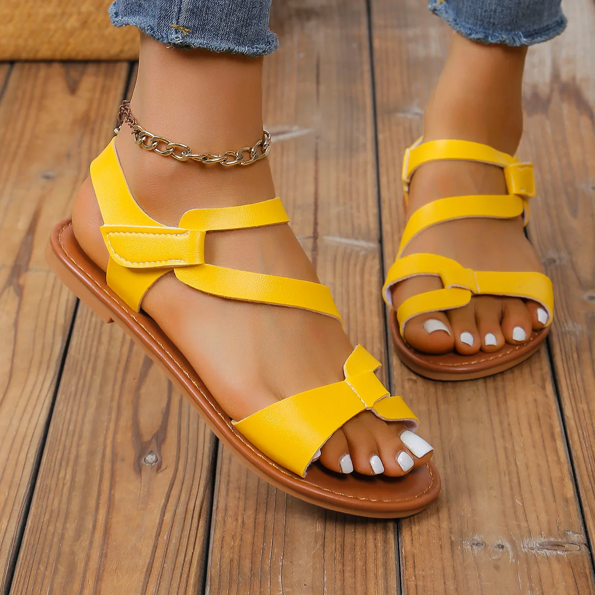 Summer Roman Sandals Women Simple Type Open Toe Flat Sandals Fashion Colorful Comfortable Dress Shoes Size 44