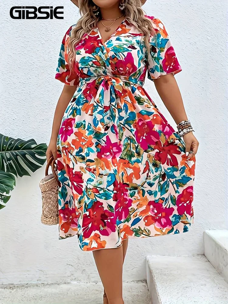 

GIBSIE Plus Size V-neck Floral Print Belted Dress Women Boho Holiday Summer A-Line Dress Women's Short Sleeve Beach Long Dresses