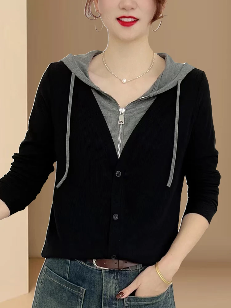 Faionable Sudadera con capucha de algodón ajustada para mujer, capa Base con cremallera, sudadera informal Sle Long Sve V-Ne, Top de longitud Regular