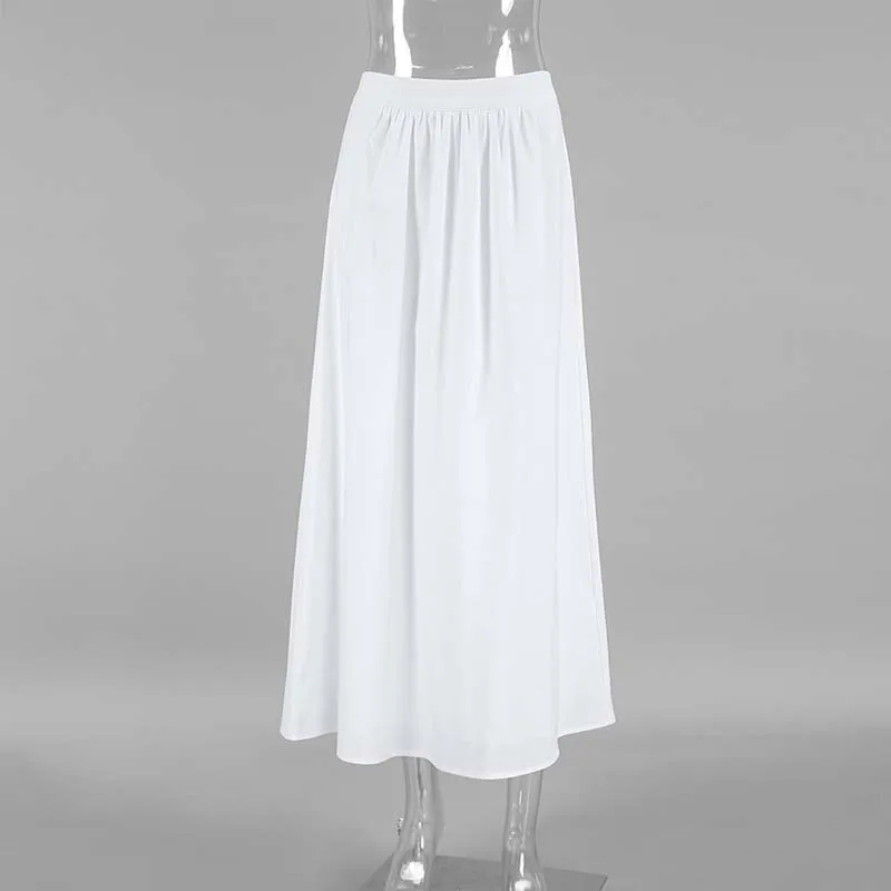 White Cotton Skirt Women Basic Casual A line High Waist  Midi Skirts Pleated Elegant Office Lady Buttoms Zipper Skirts Summer