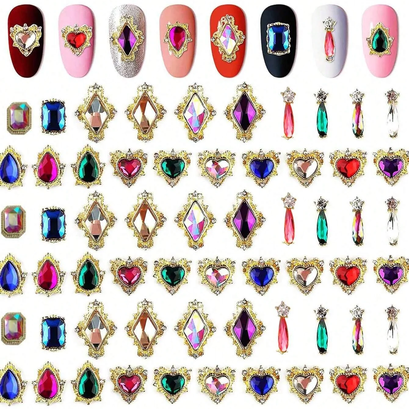 60PCS Mix Nail Art Rhinestones Heart/Square/Waterdrop Big AB Iridescent Crystal Jewels Metal Alloy 3D DIY Nail Charms Supplies *