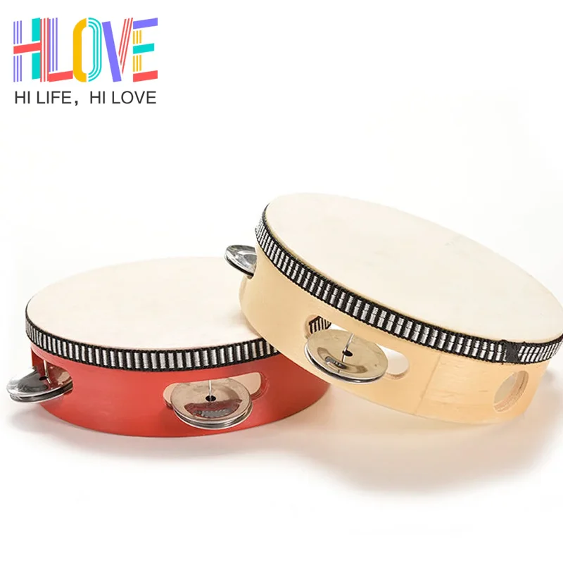 6 Inch Imitation Sheep Skin Head Tambourine Drum 4 Pairs Jingles Wooden Frame Head Musical Tambourine Beat Instrument Hand Drum