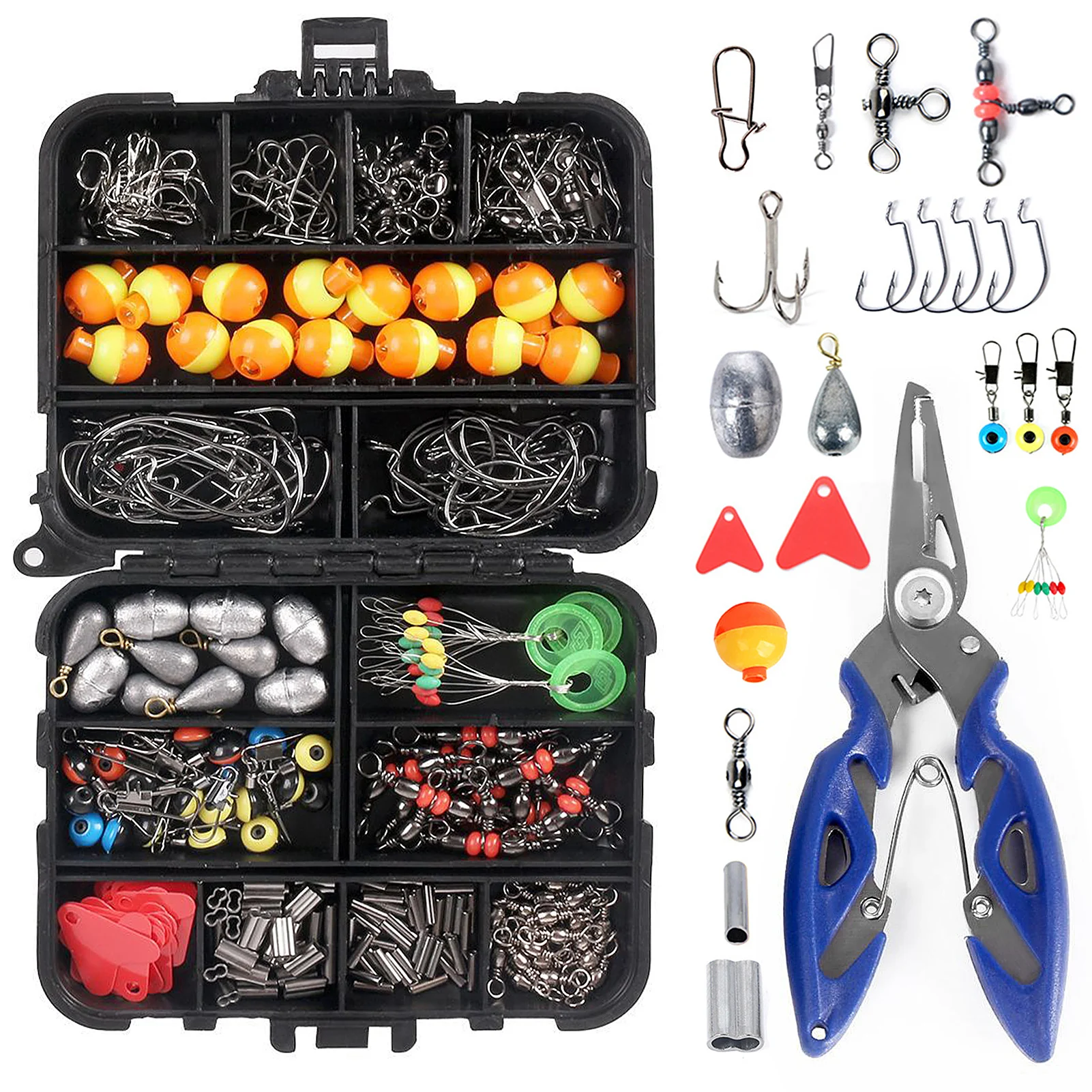 263pcs Outdoor Fishing Accessories Set with Tackle Box Including Plier Jig Hooks Sinker Weight Swivels Snaps Sinker Slides Kit