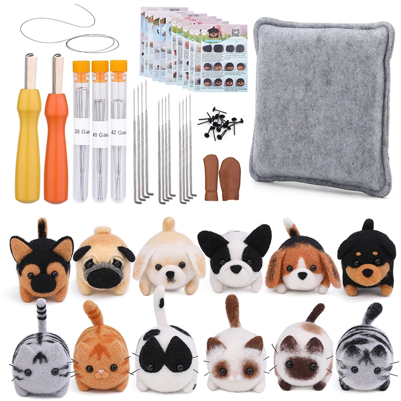 TLKKUE Cute Animal Felting Kit Cat Dog Doll Toys Making DIY Non-Finished Material Package Wool Felting Needle Starter Kit