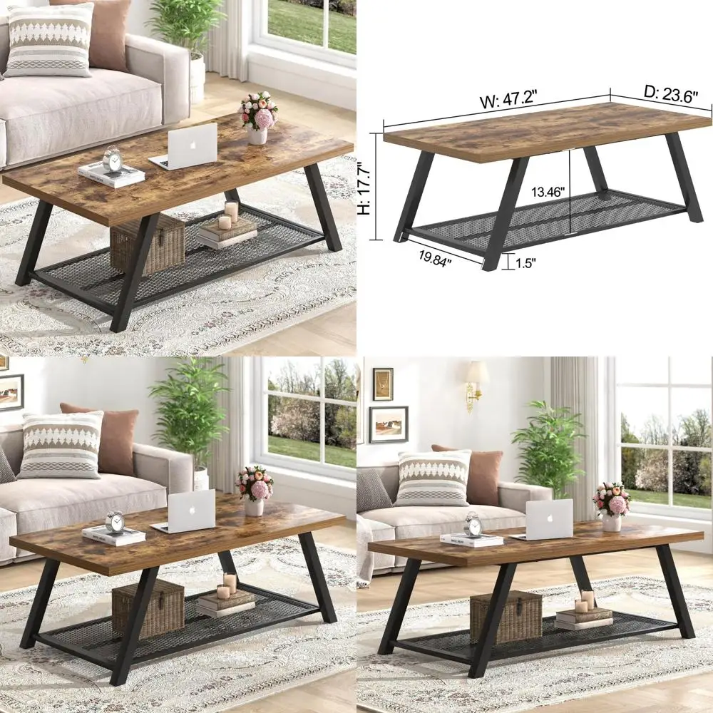 

47 Inch Rustic Industrial Style Coffee Table with Storage Shelf for Living Room, Wood and Metal Rectangle Center Table