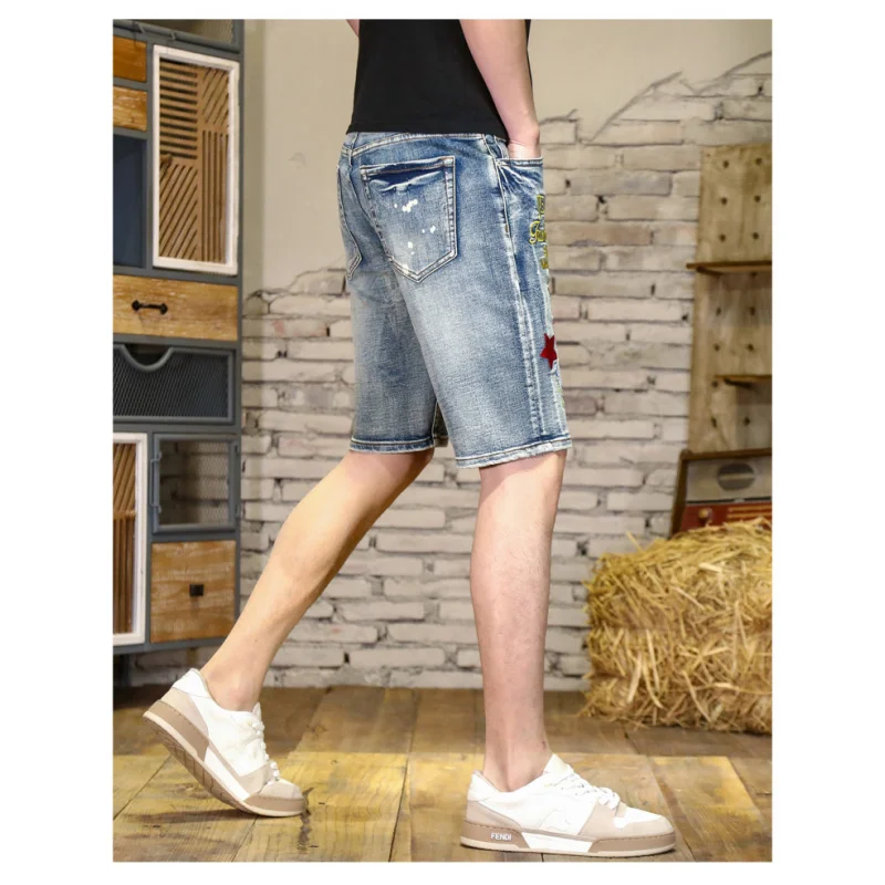 High-end ripped denim shorts Men's straight stretch five-minute pants letter broken holes embroidery men's models