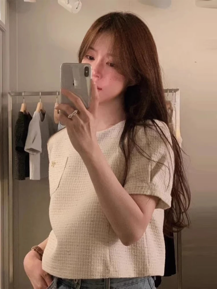 

Chic Summer Casual round Ne ort Sve Coarse Tweed Loose Fit Women's Top Faionable Commute Korean Sle Loose irt