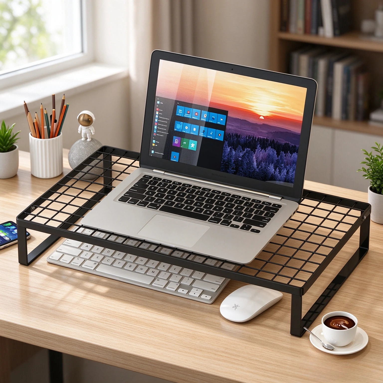 Multi Tier Laptop Riser with Open Frame Cooling Design, Deep Desktop Storage Shelves, Stable Elevated Support for Office Desks