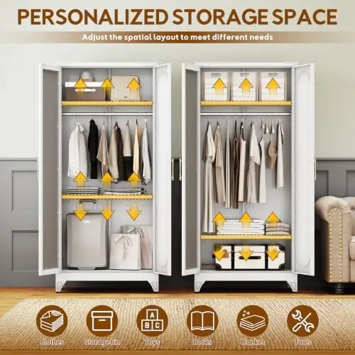 Armoire Wardrobe Closet，71" Metal Wardrobe Cabinet with Mirror Door | Tall Bedroom Armoires with Hanging Rod and view 6