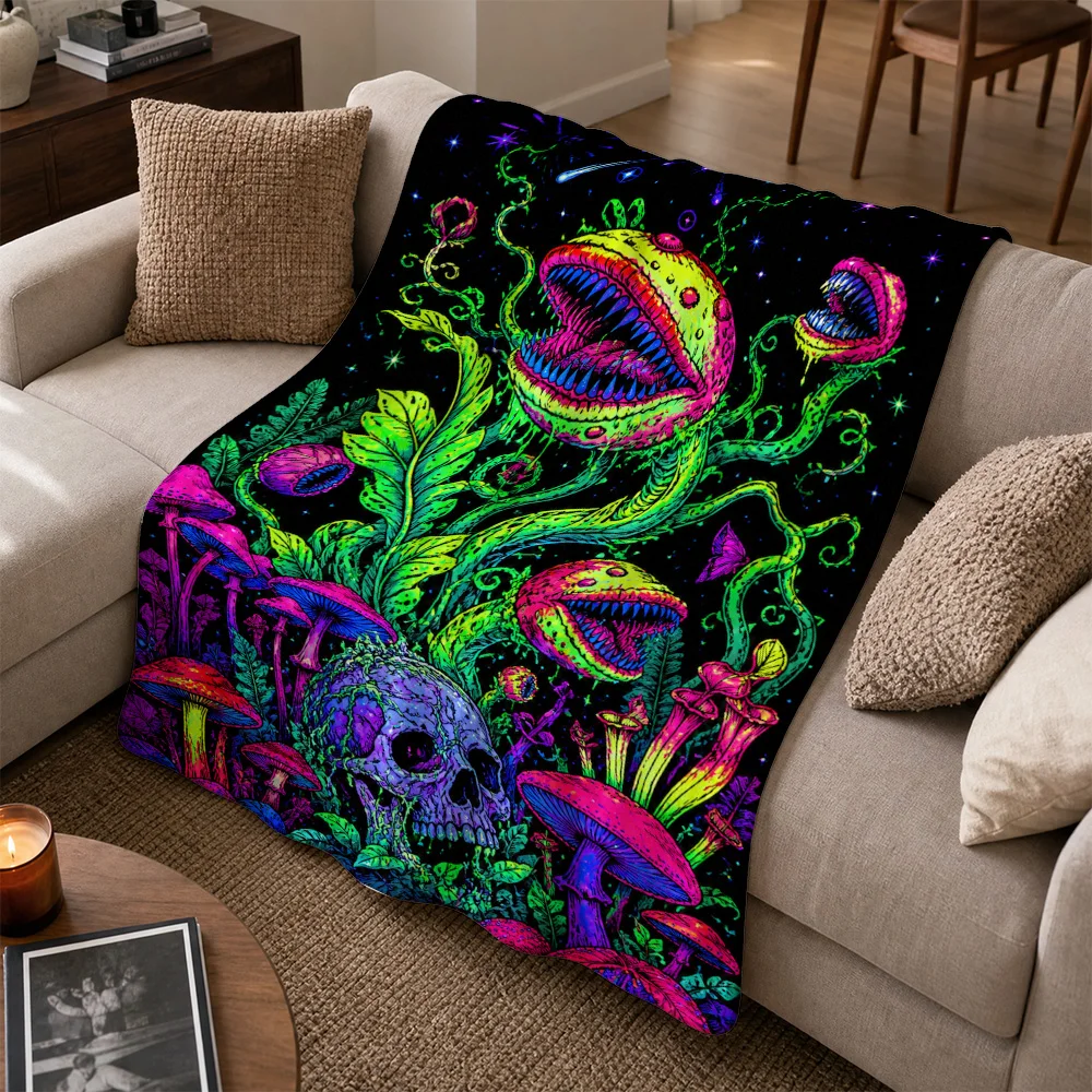 Neon Psychedelic Mushroom Skull Throw Blanket Art for Sofa Couch Home Decor Trippy Gothic Bohemian Cozy Accent