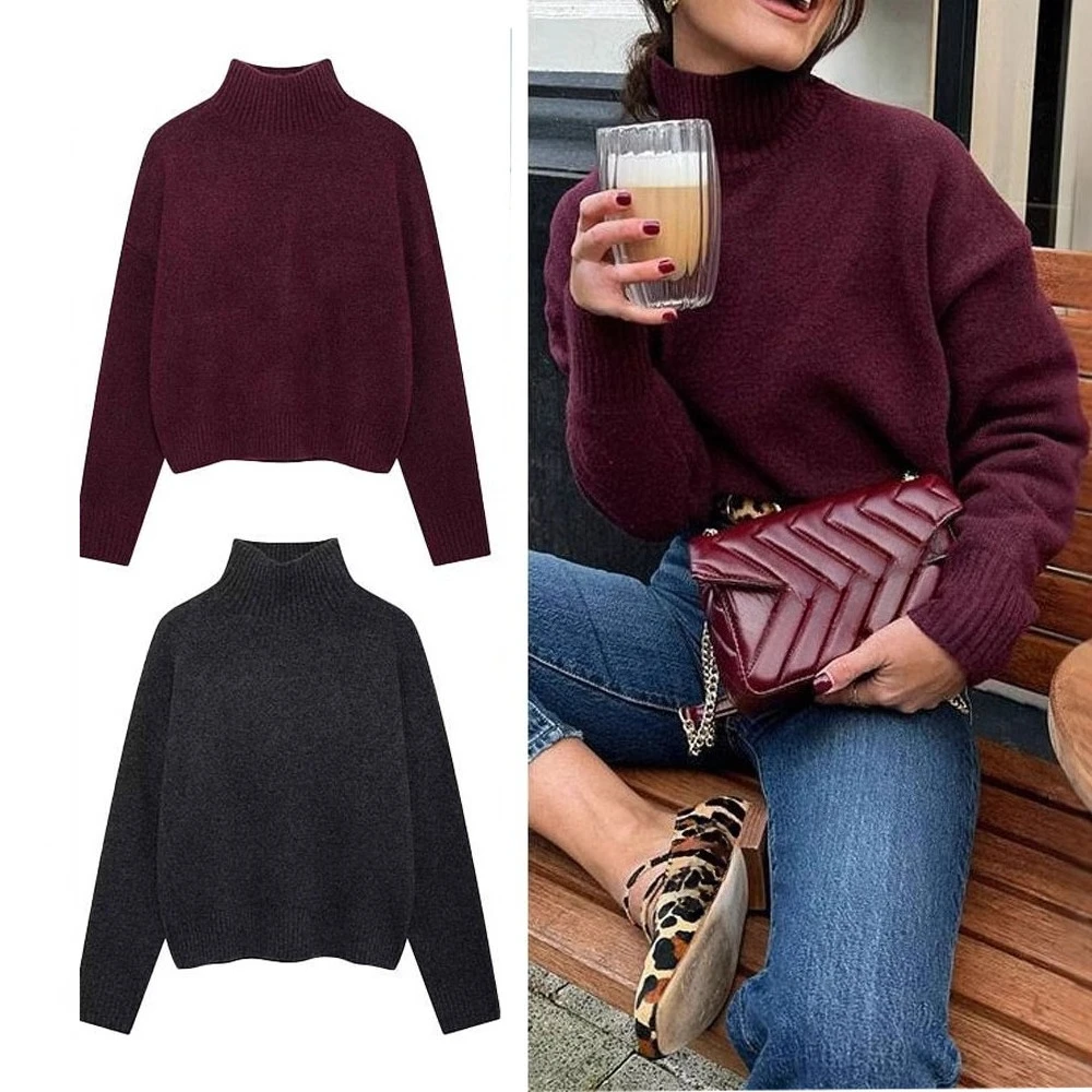 Women Vintage Burgundy Turtleneck Sweater Casual Long Sleeve Knitted Pullover Autumn Winter Women Solid Warm Knitwear
