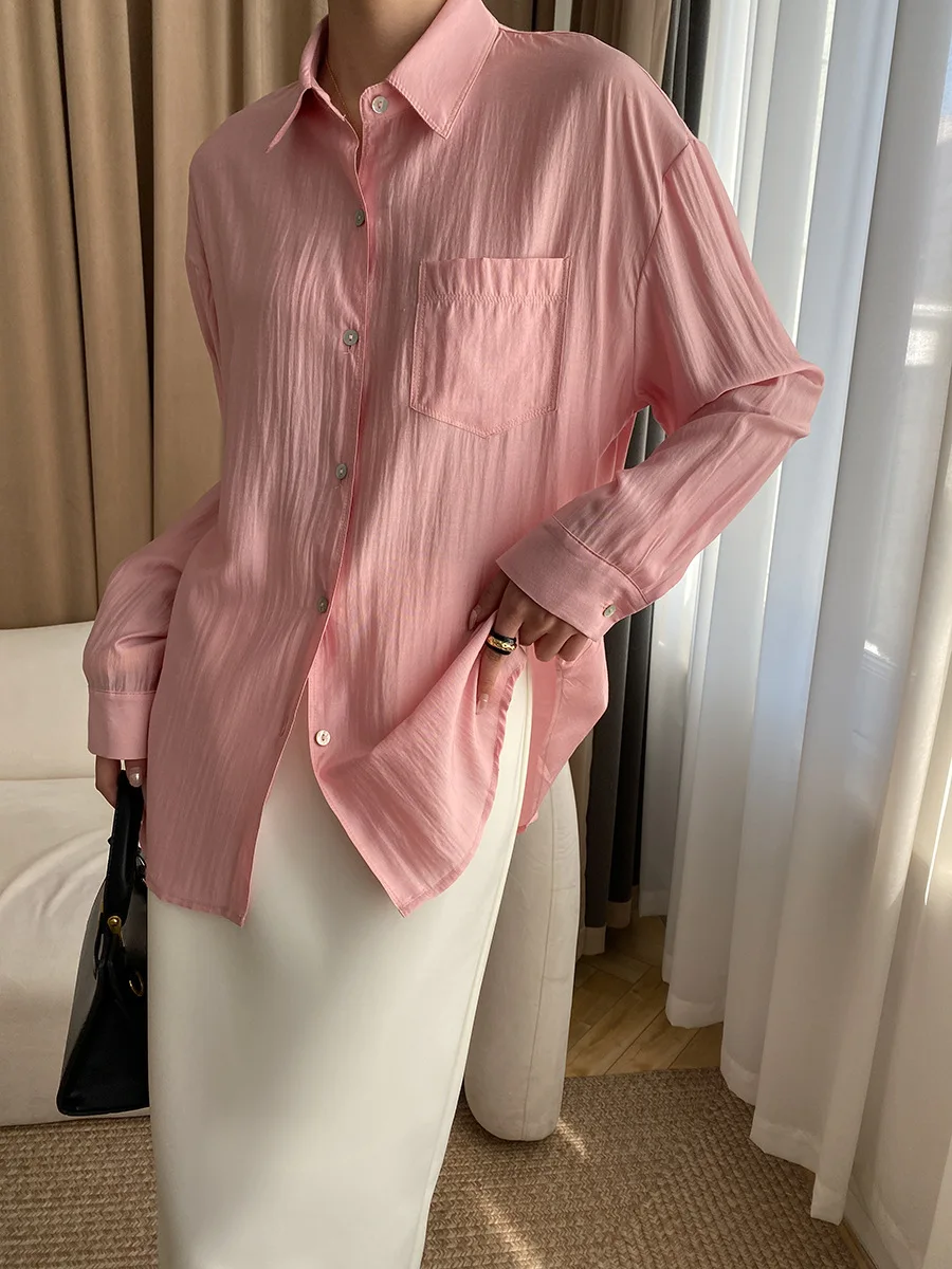 Camicia ampia con decorazione tasca lunga con risvolto tinta unita casual da donna primaverile ed estiva
