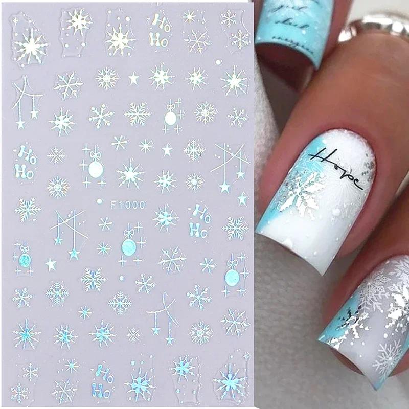 Autocollants pour ongles flocon de neige laser 3D, Noël d'hiver, wapiti, étoile, boule lumineuse, pull, nouvel an, décoration de manucure française holographique