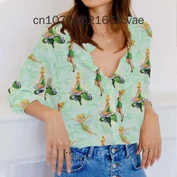 2024 New Disney Tinker Bell Women's Shirt Summer Long sleeved Button Casual Shirt Disney Fashion Beach Shirt Retro Top