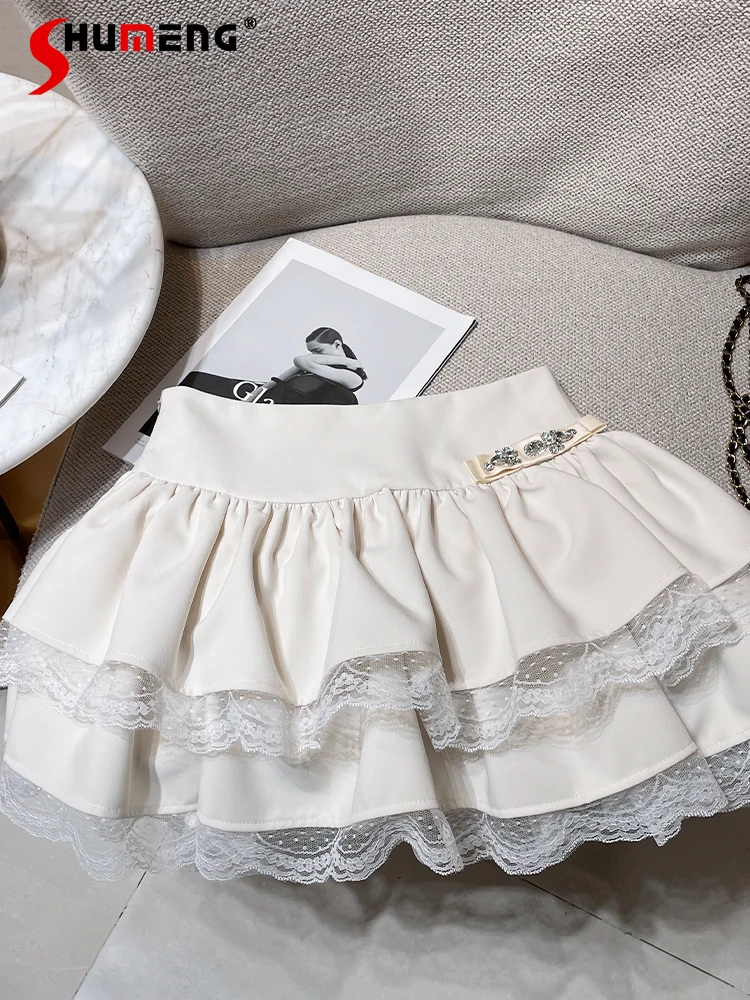 

Sweet Cute Ballet Style Lace Puffy Skirts High Waist Rhinestone A-line Elegant Versatile Layered Mini Cake Skirt Women Summer