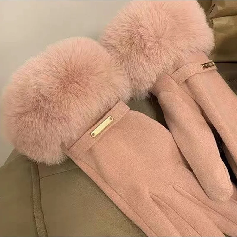 Guantes de moda para mujer, manoplas cálidas peludas bonitas para otoño e invierno, manoplas con dedos completos para mujer, guantes deportivos a prueba de viento para ciclismo al aire libre