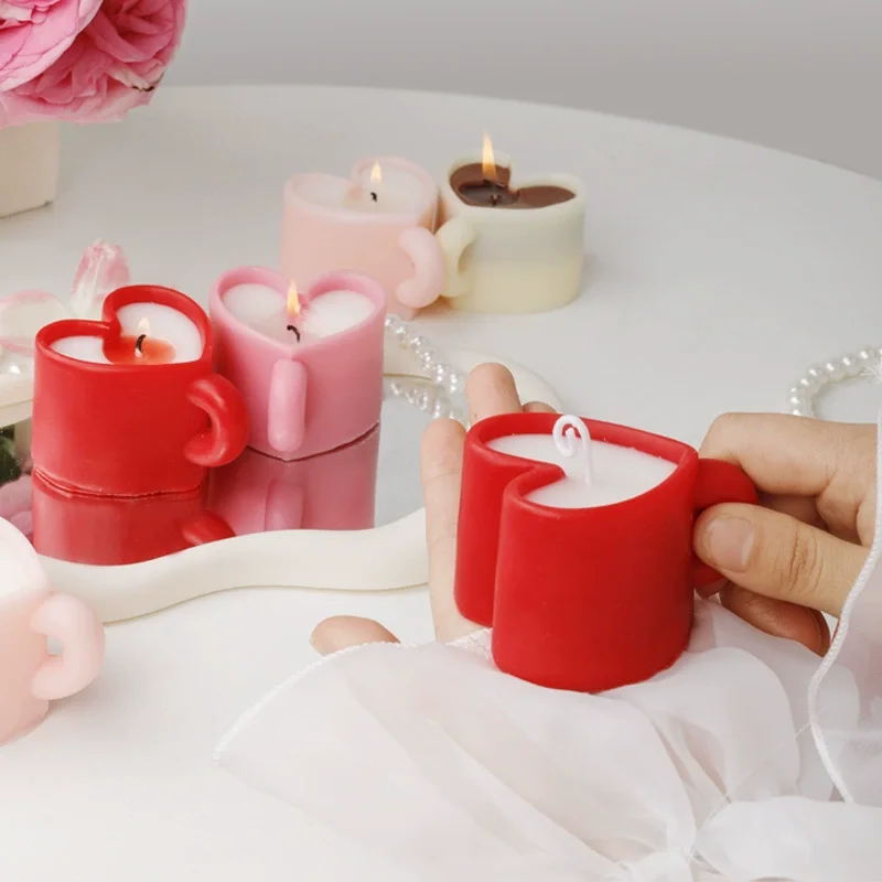 1Pc Heart Coffee Cup Aromatherapy Candle, Love 4Colors Scented Candles for Home/Office Fragrance Decoration Gift, Persimmon