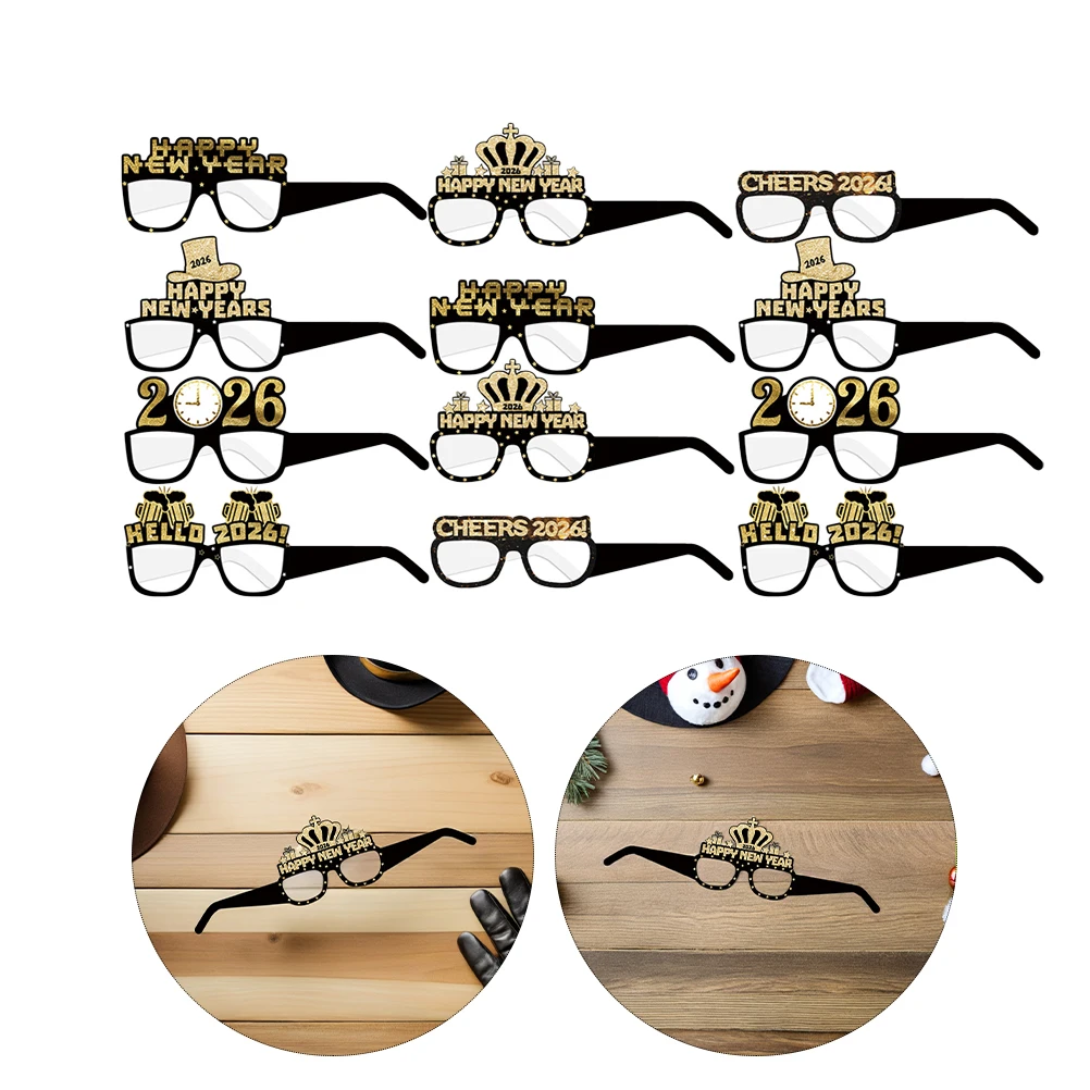 

24pcs New Year Paper Glasses Black Gold 3D Glitter Design Party Photo Booth Props For Adults Teens Celebration Favors