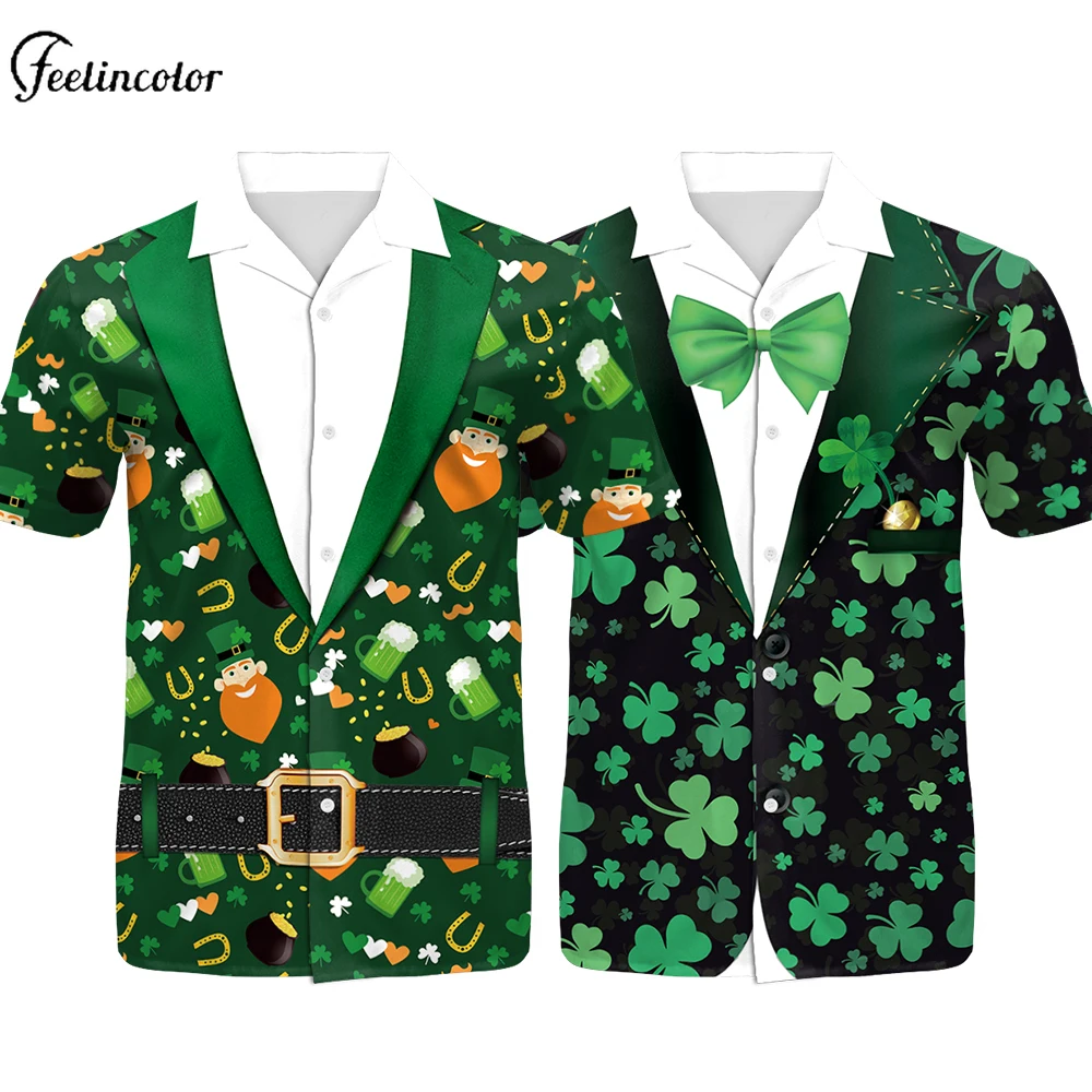 Men St. Patricks Day 3D Lucky Clover Print Polo Shirt Fake Two Piece Blazer Short Sleeve Shirt Summer Casual Party Holiday Tops