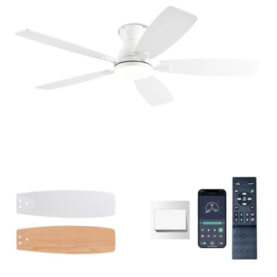 

Bedroom indoor/outdoor use, white low profile ceiling fan with light, DC motor, noiseless, flush mount, 52inch, remote/APP cont