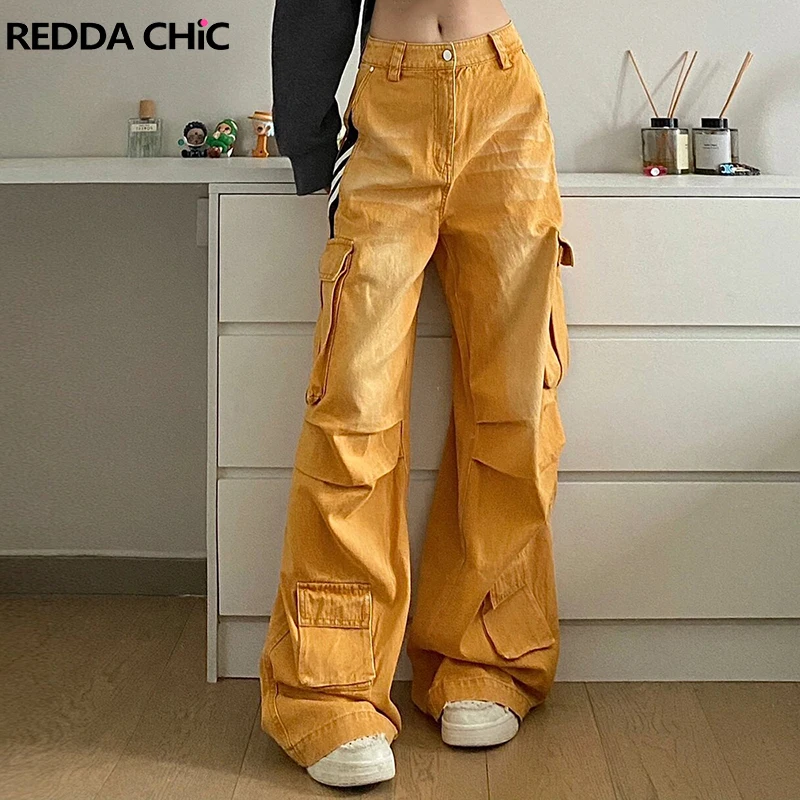 

REDDACHIC Pintuck Big Pockets Men's Cargo Jeans Hiphop Whiskers Baggy Jeans Casual Wide Leg Pants Harajuku Y2k Vintage Clothes