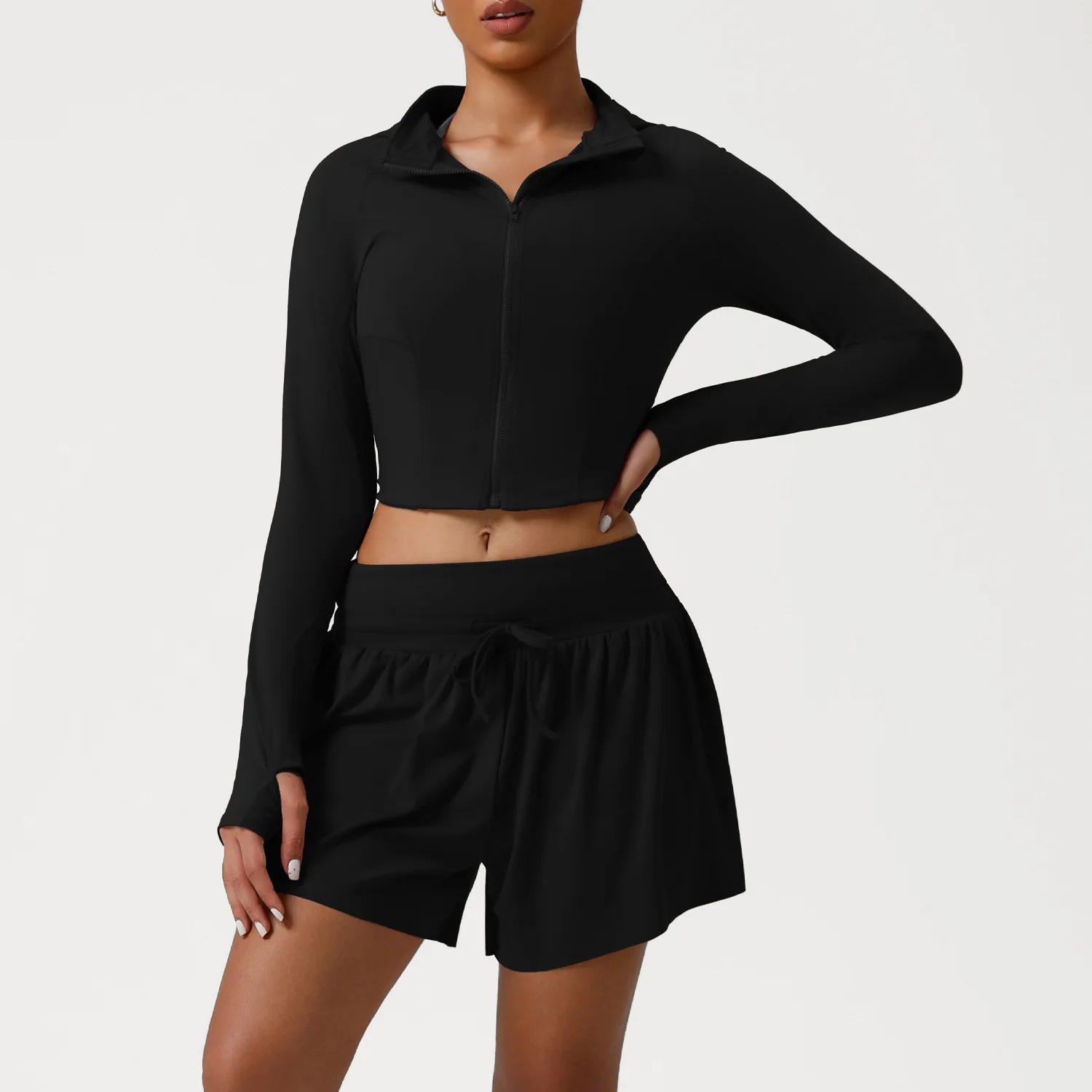 جديد الخريف الشتاء المرأة الرياضة اليوغا مجموعة طويلة الأكمام تشغيل هوديي لينة تنفس ضيق مطاطا المضادة للعرق اللياقة البدنية الصالة الرياضية مجموعة #2