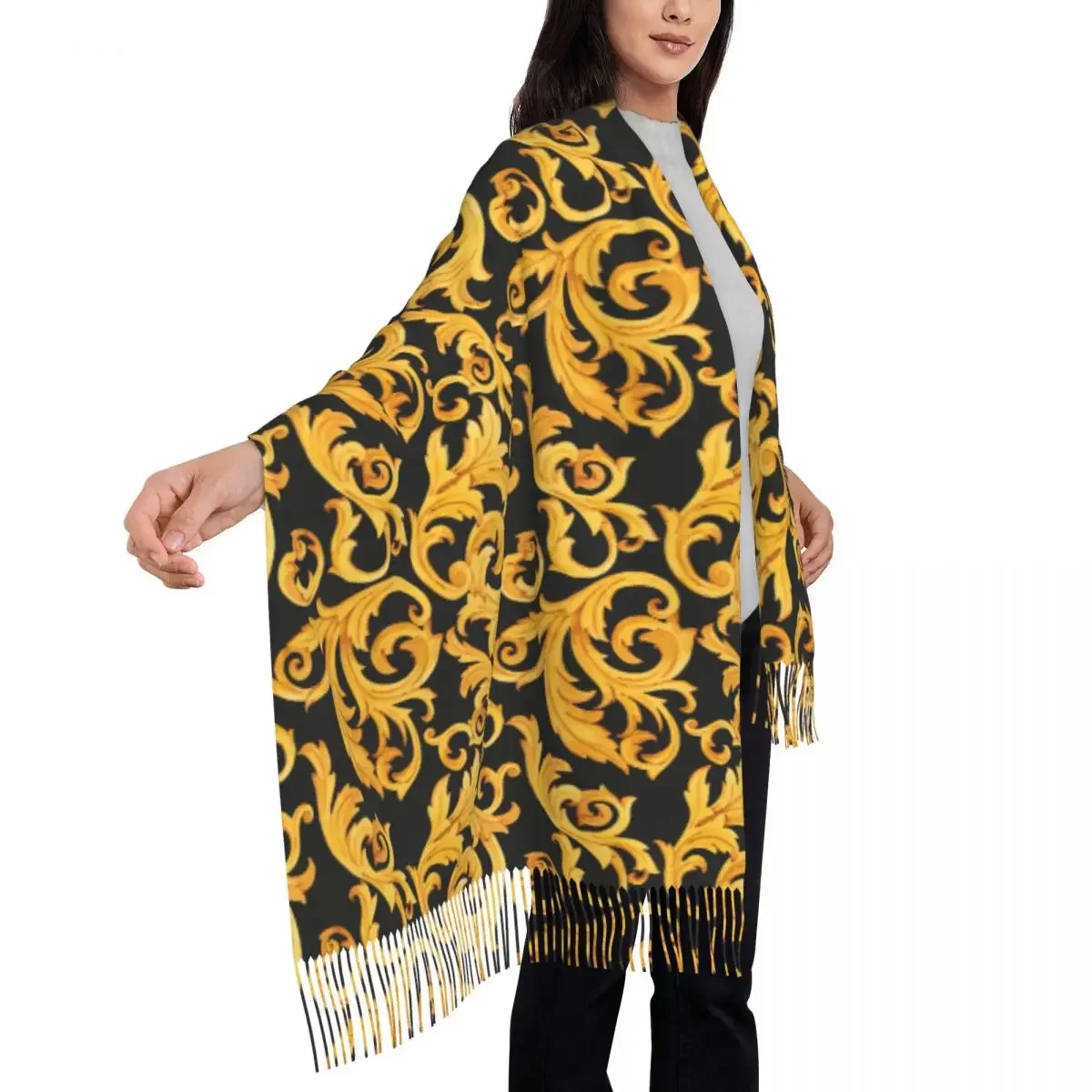 Watercolor Golden Baroque Pattern Rococo Ornament On A Background. Rich Luxury Print Women's Tassel Shawl Scarf Fashion 