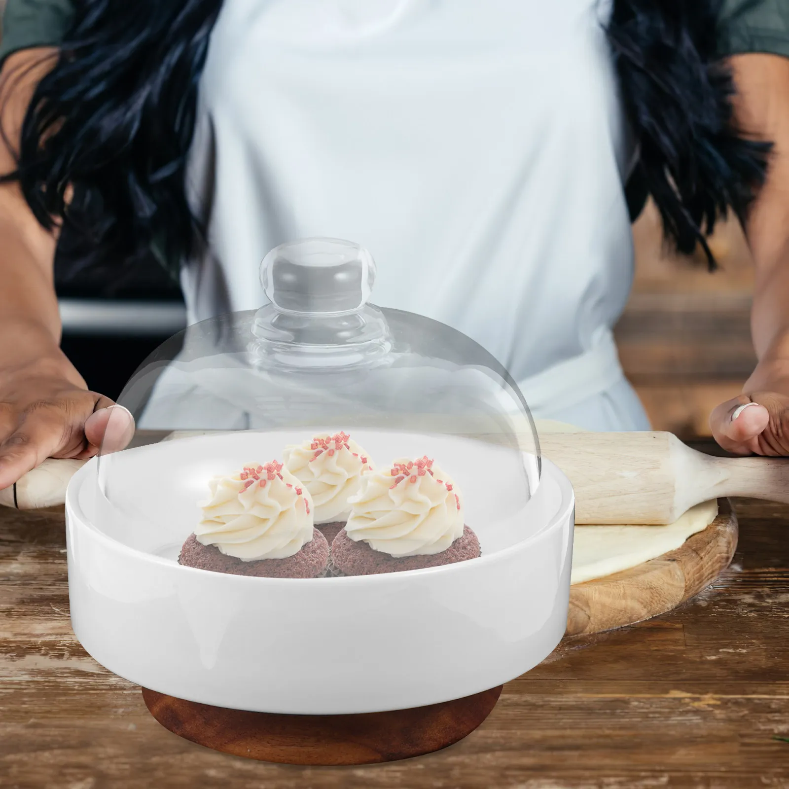 

Стеклянный купол-крышка для торта, круглая керамическая тарелка, прозрачный защитный колпак для десертов, подставка для торта для дома, вечеринок, свадеб, подставка-купол для капкейков