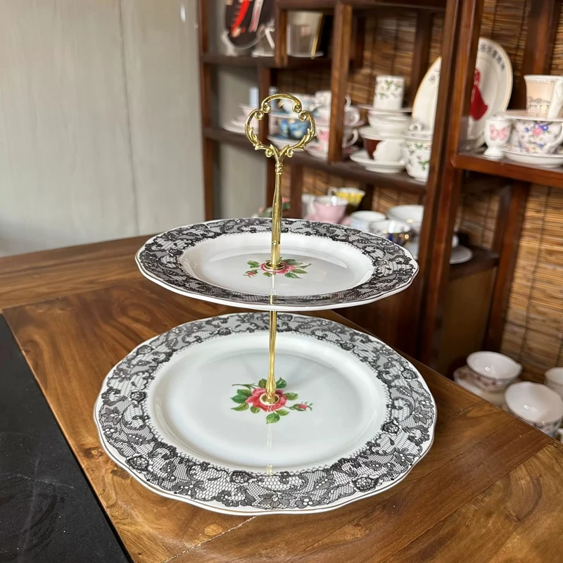 Vintage Lace Bone China Plate Wedding Gold Edge Plated Double Layer Cake Plate Ceramic Pasta Deep Soup Plate Home Restaurant Use