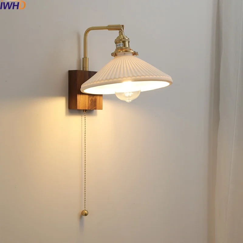 

IWHD Walnut Ceramic LED Wall lamp Pull Chain Switch Living Room Bedroom Balcony Modern Bathroom Mirror Light Fixtures Lampada