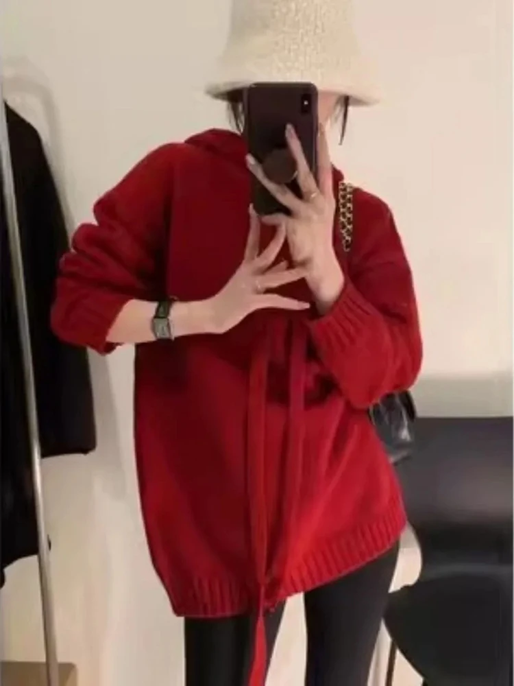 

Hoody Autumn Winter Warm Thicked Hoodies New Loose Lazy Mid-length Knit Sweatshirt Sweet Korea Chic Vintage Soft Pullover