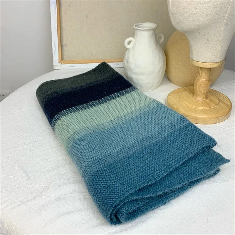 Rainbow Knit Scarf for Women Winter Thick Faux Cashmere Stripe Shawl and Wrap Fashion Warm Streetwear Girl's Foulard Scarves